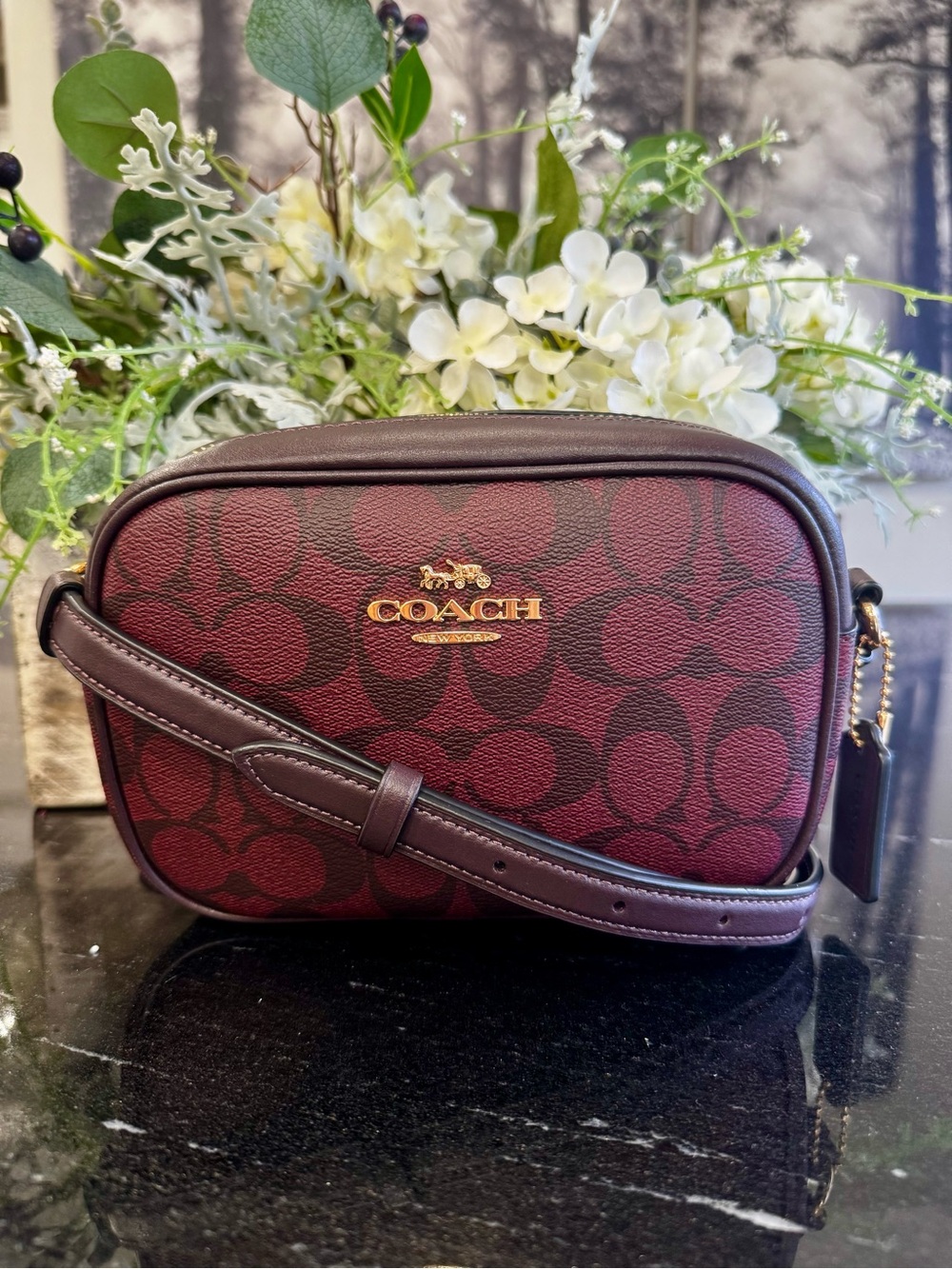 Coach Signature Mini Camera Crossbody Bag Burgundy Oxblood Gold Hardware